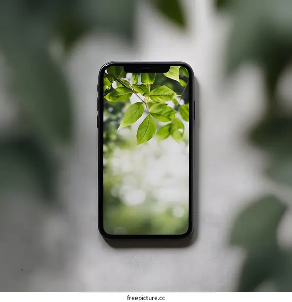 Smartphone Screen Displaying Green Leaves