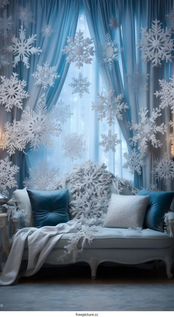 Serene Blue and White Living Room with Snowflake Decor