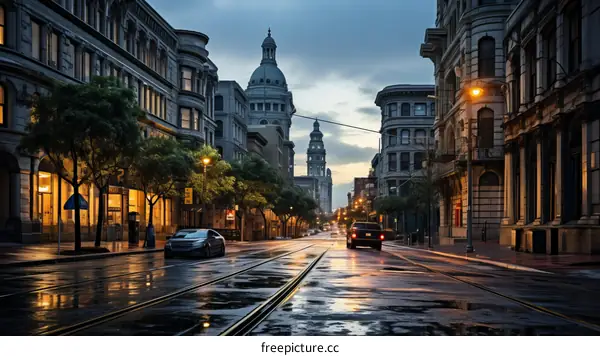 Rainy Night Cityscape with Cars and Buildings
