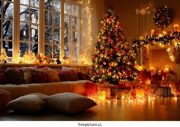 Christmas Tree in a Cozy Living Room Decorated for Holiday Season
