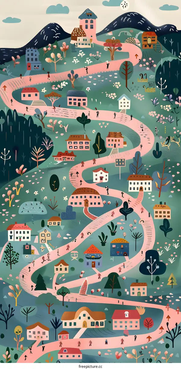 Illustrated Winding Road Through Village
