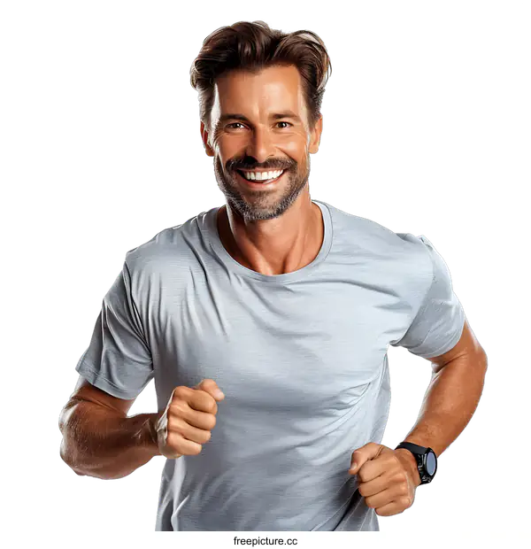 [Transparent Background PNG]Portrait of a smiling mature man running against white background
