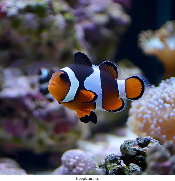 A clownfish swims in a coral reef.
