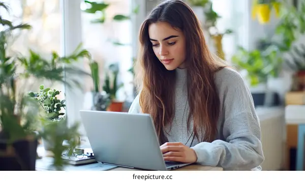 Young Woman Working on Laptop in Home Office