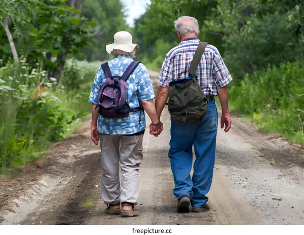 Elderly Couple Holding Hands Walking Through Forest