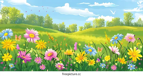 Summer Field With Colorful Flowers And Butterflies