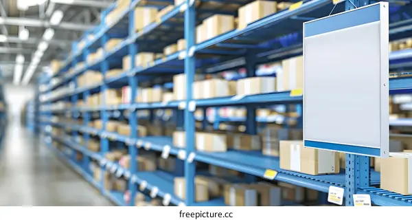 Blank Sign Hanging In Warehouse With Cardboard Boxes On Shelves