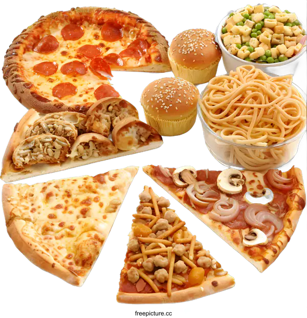 [Transparent Background PNG]Variety of Food Pizza with Spaghetti and Bread