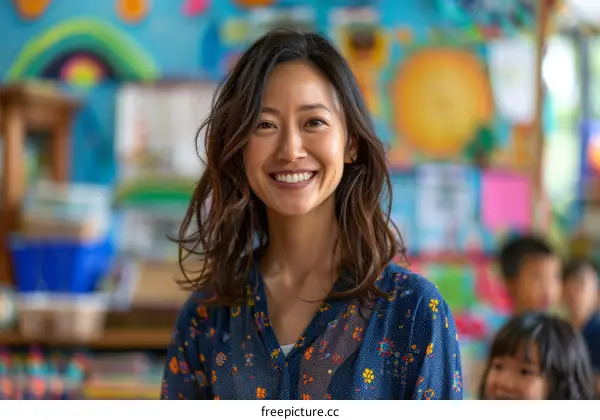 Portrait of a smiling Asian female teacher in a classroom