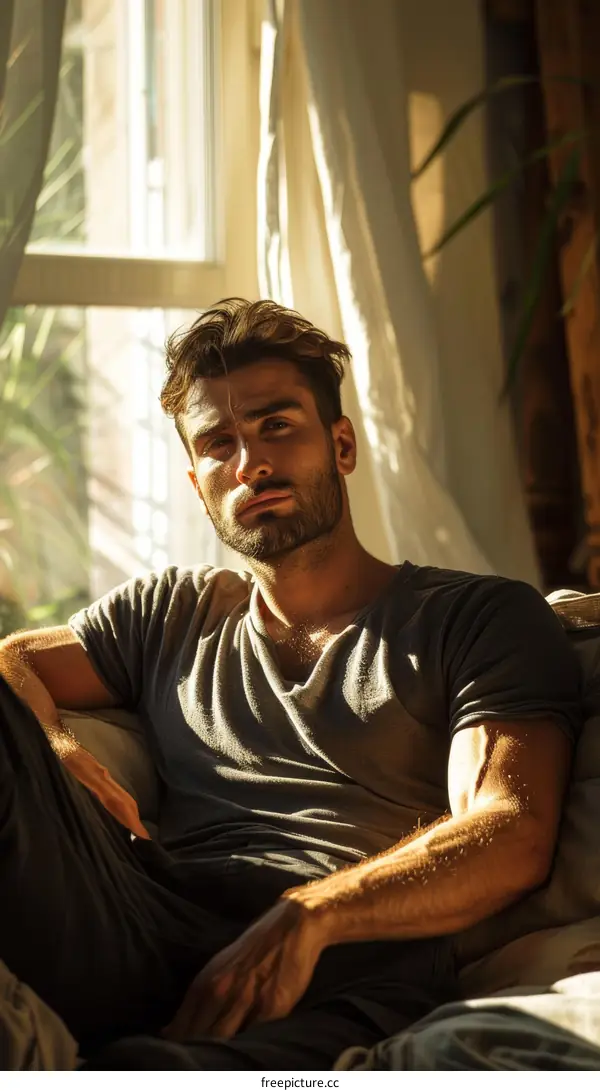 Portrait of a handsome young man with dark hair and beard sitting on a couch and looking at the camera