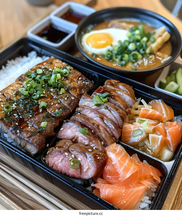 Japanese Cuisine Bento Box with Salmon, Tuna and Teriyaki Chicken
