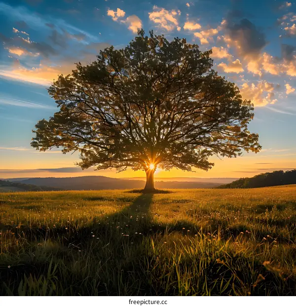 The sun shines through the branches of a large tree in a grassy field.