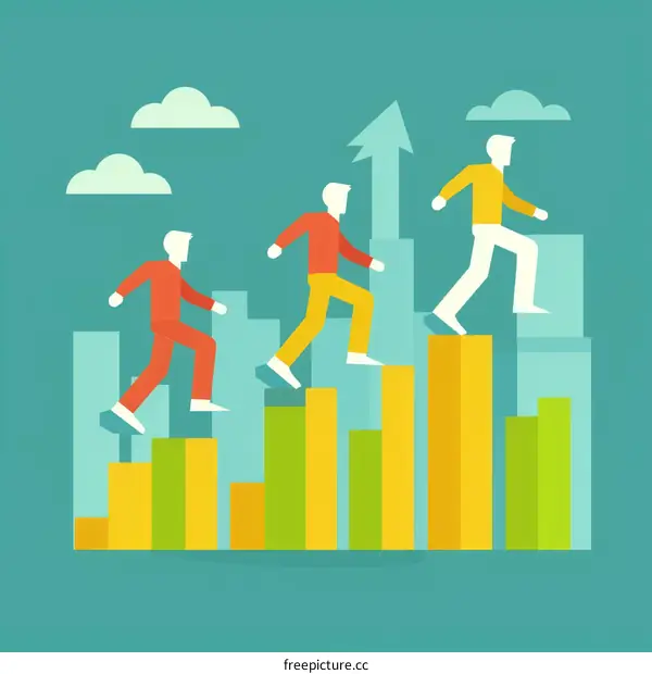 Business growth concept with people climbing up chart