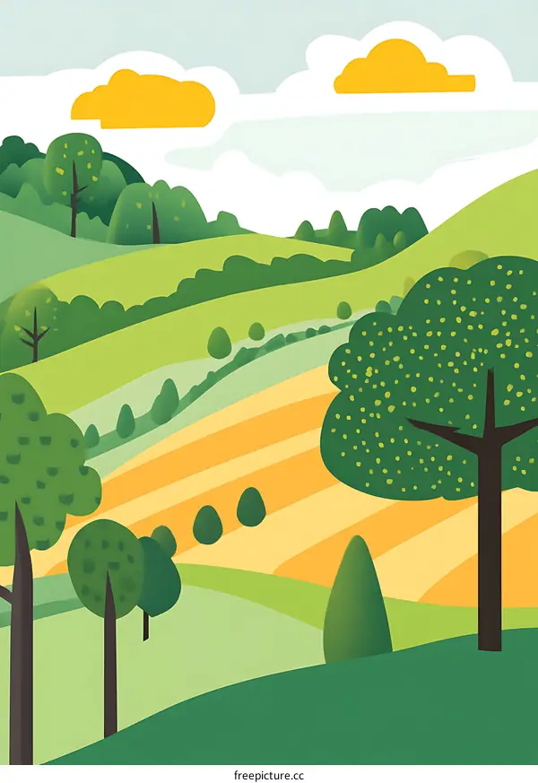 Green Hills and Yellow Fields Landscape Illustration