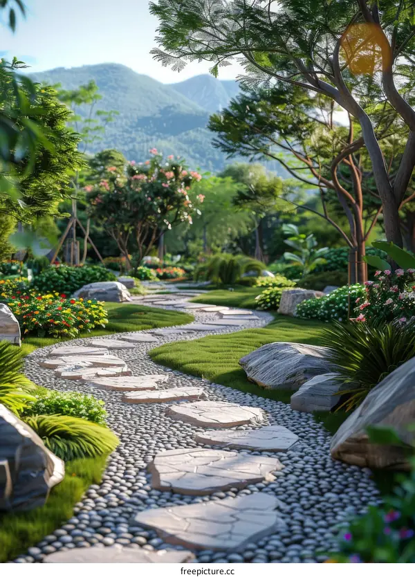Path through Serene Garden with Cobblestones and Lush Greenery