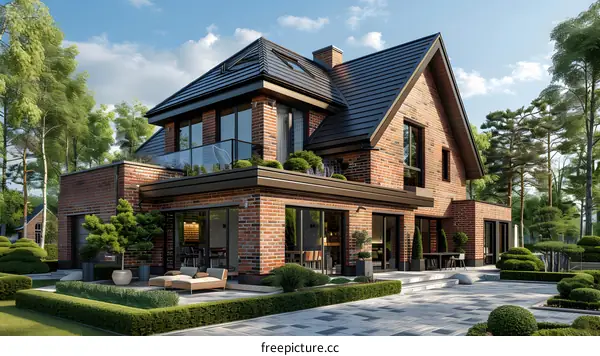 A modern two-story house with a brick exterior and a black roof