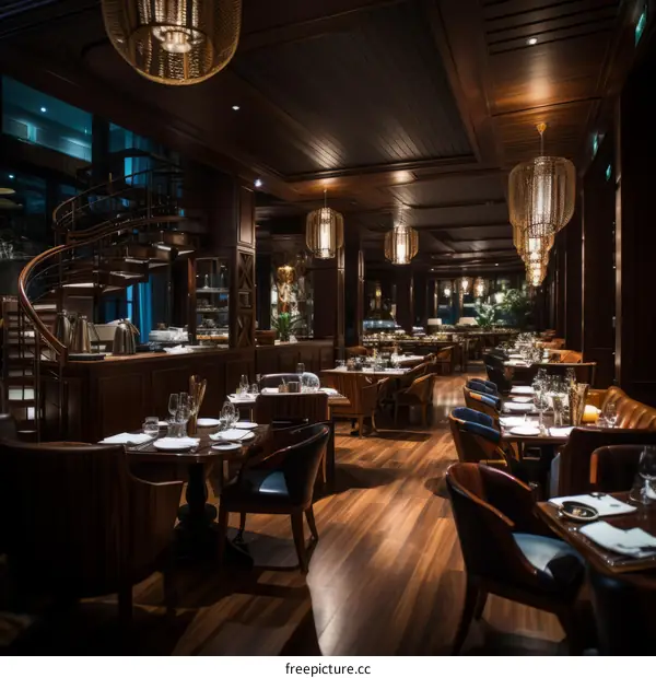 Elegant restaurant interior with spiral staircase