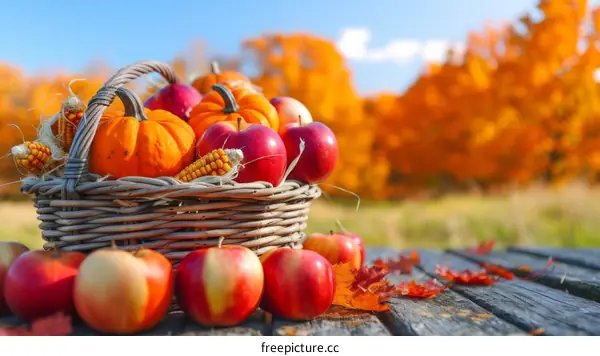 A basket of apples and pumpkins sits on a wooden table in front of an autumn backdrop
