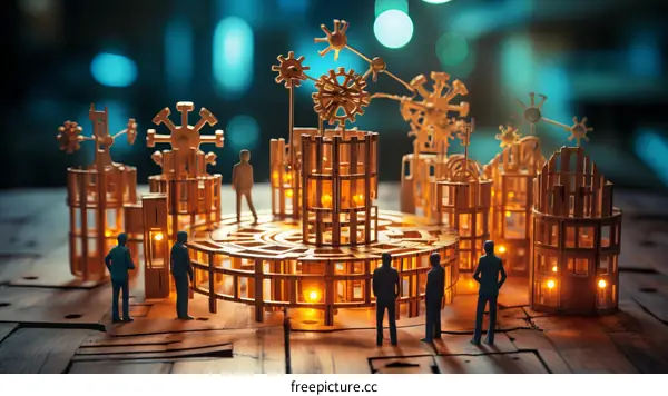 Intricate Wooden City Model with Gears