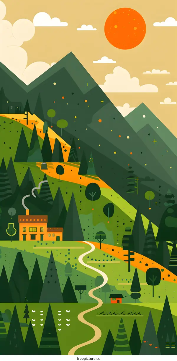 Green Forest Landscape with Winding Road and Small Houses