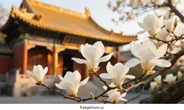 Magnolia Blossoms Against Traditional Chinese Temple Architecture