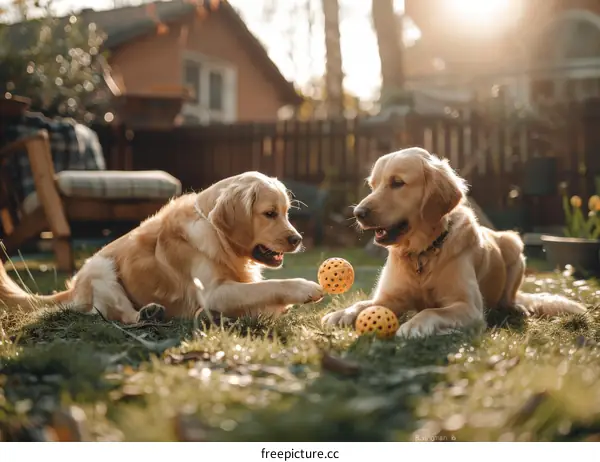 Two Golden Retrievers Playing with a Ball in the Backyard