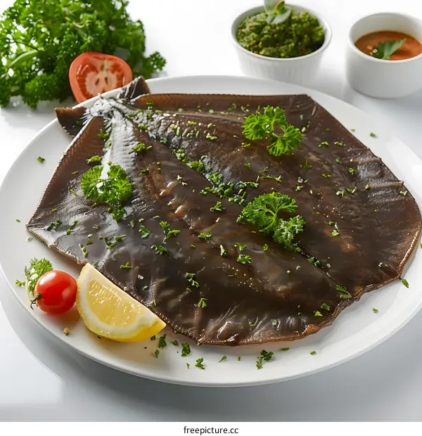 Skate fish served on a white plate with lemon and parsley