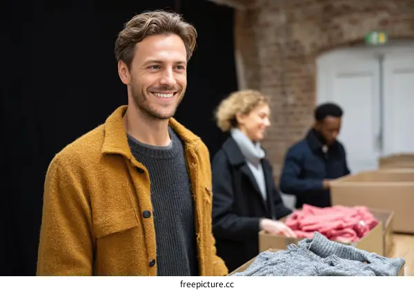 Volunteers sorting clothes in donation center
