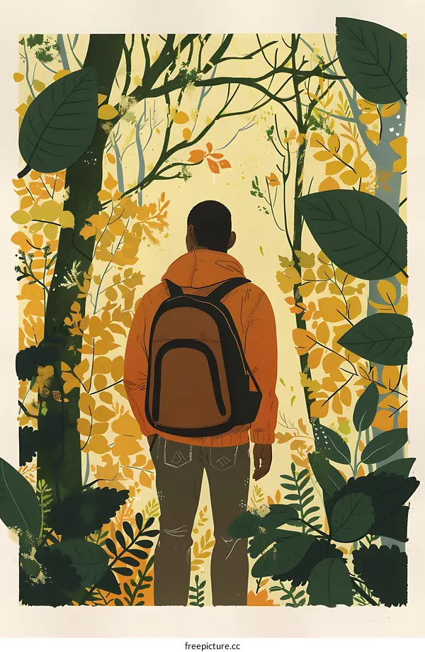 Man Walking Through the Forest in Autumn