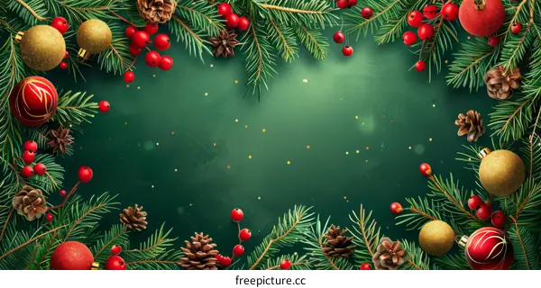 Christmas Background with Fir Branches, Cones, Red Berries and Lights