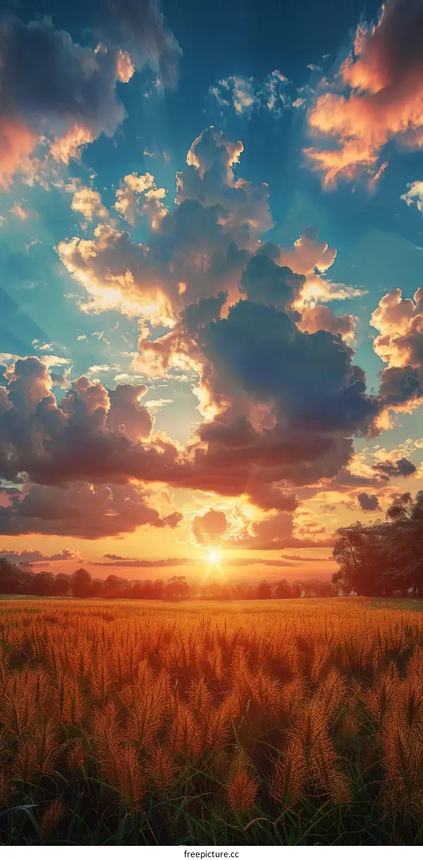 Picturesque golden wheat field at sunset