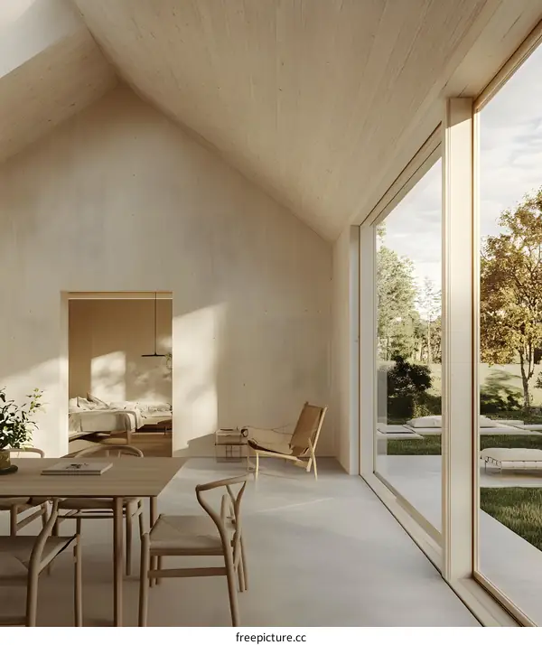 Minimalist Wooden House Interior Design with Large Windows