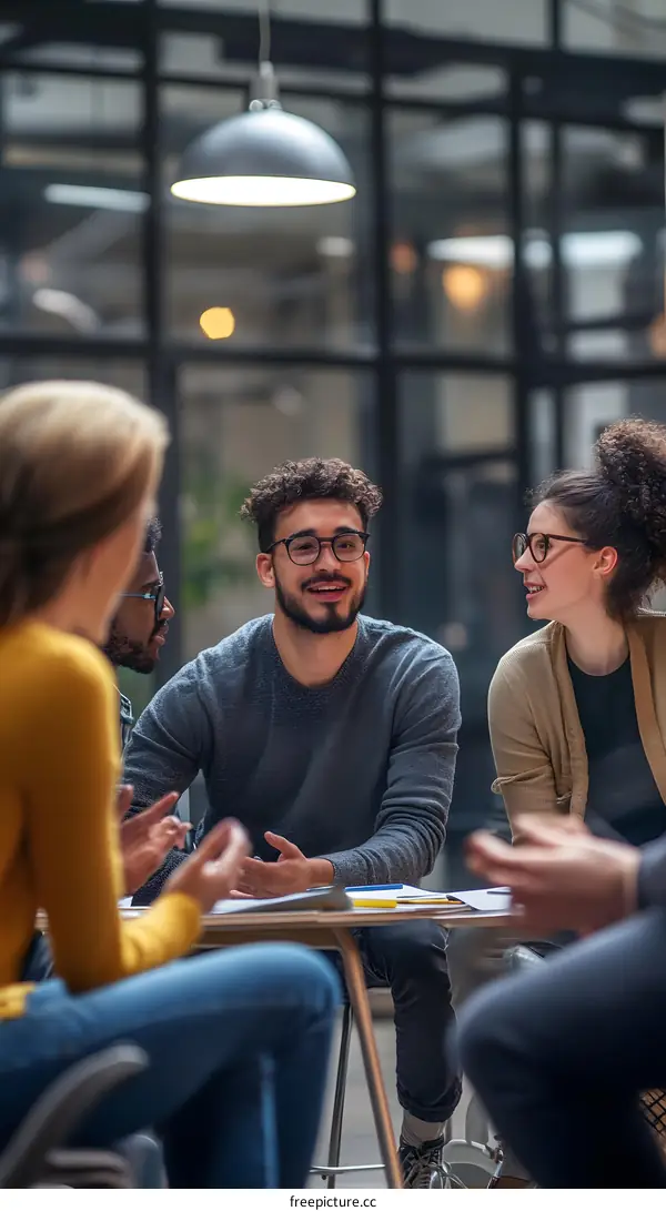 Group of Diverse People Sitting Around a Table Having a Conversation