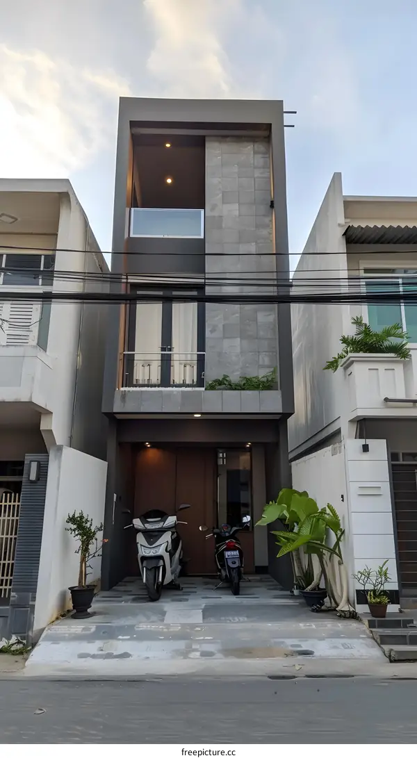 Modern Minimalist Three Storey House Exterior With Two Motorcycles
