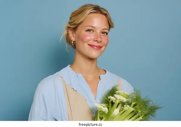 Woman holding fresh fennel bunch against a light blue background