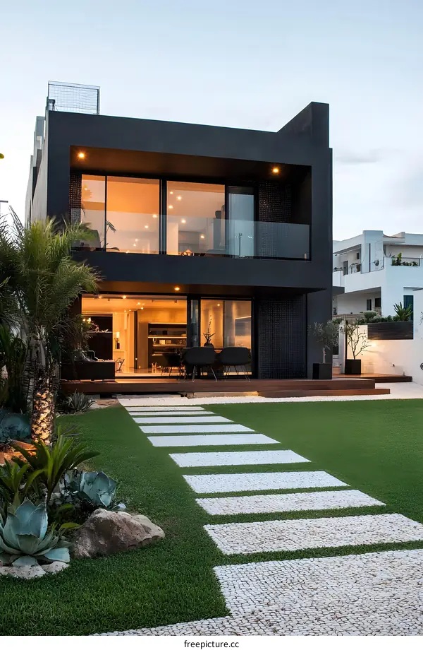 Modern Black House with Green Grass and White Stone Path
