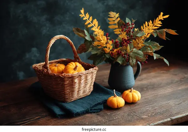 Autumn Harvest Still Life with Pumpkins and Flowers