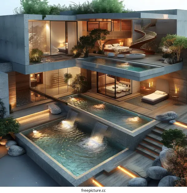 Modern Luxurious Multi-level House with Pools