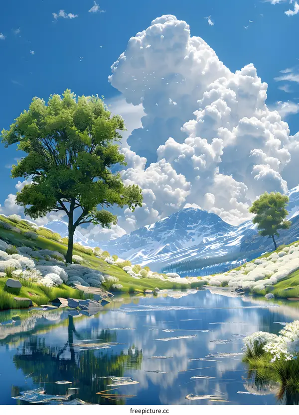 Tranquil mountain lake and snow-capped mountains in the distance