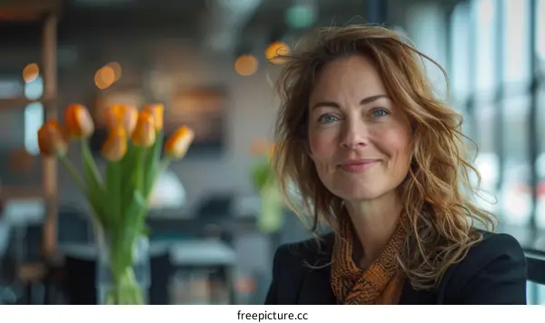 Portrait of a smiling woman with long blond hair wearing a scarf
