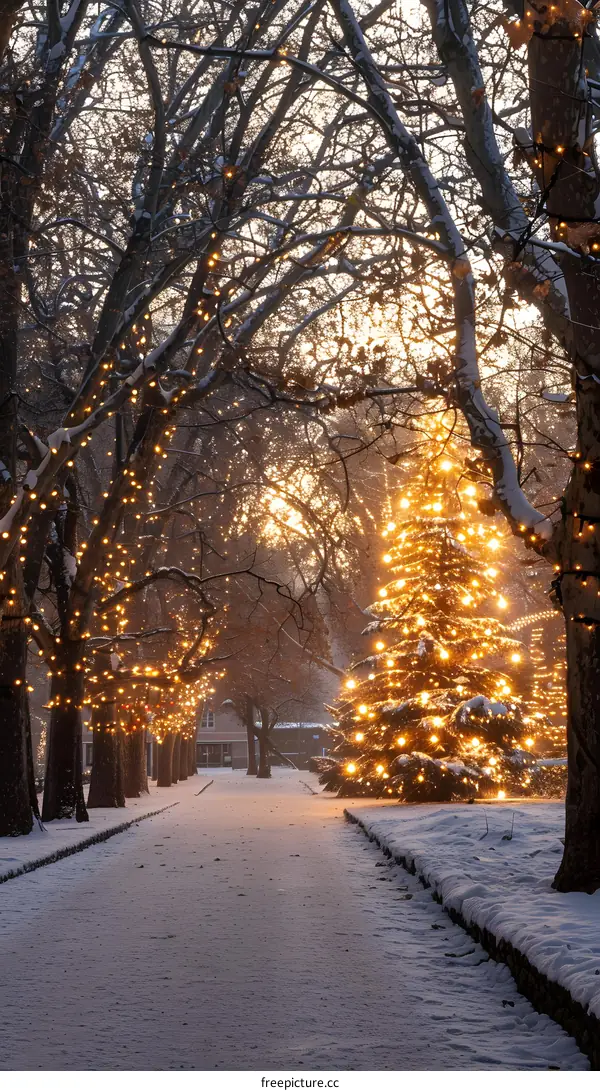 A beautiful park with a decorated Christmas tree in the middle