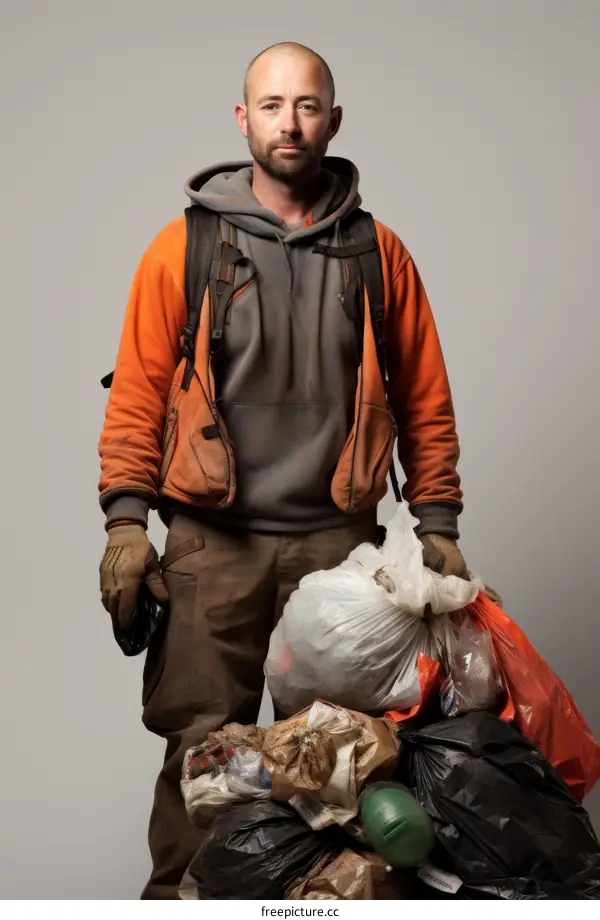 portrait of a man with a backpack and a garbage bag