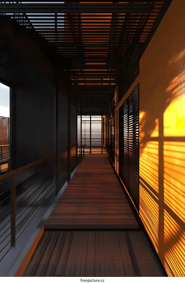 Modern Architectural Design With Wooden Pathway And Metal Railings