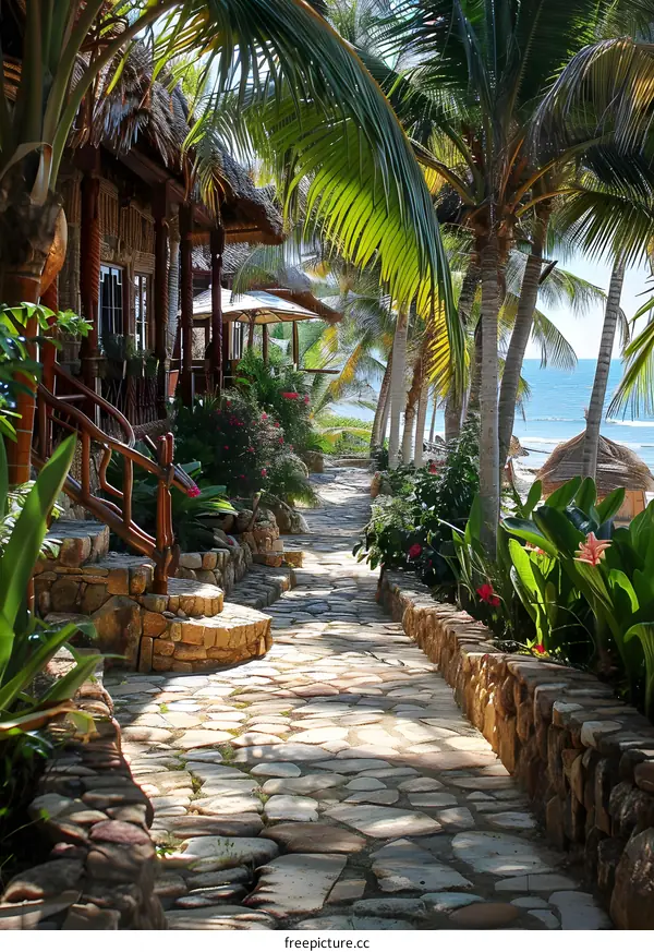 Stone path through a tropical garden to the beach