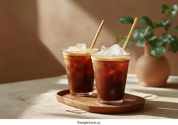 Two Iced Coffee Drinks on a Wooden Tray