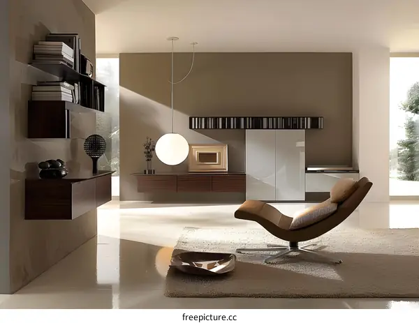 Modern Living Room Interior Design with a Brown Leather Lounge Chair