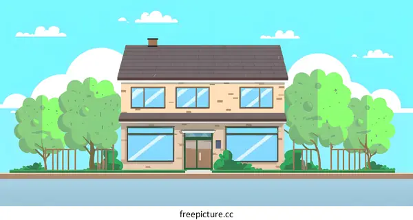 Two Story House with Green Trees and Blue Sky