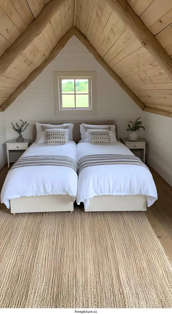 Rustic Farmhouse Bedroom with Twin Beds and Exposed Beams