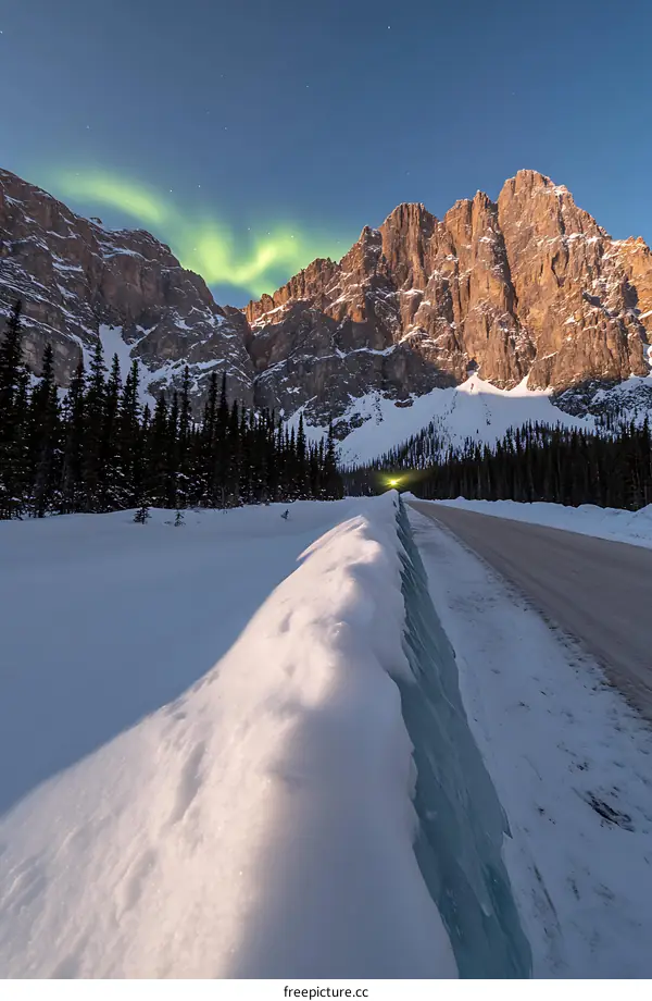 Snowy Mountain Road with Northern Lights