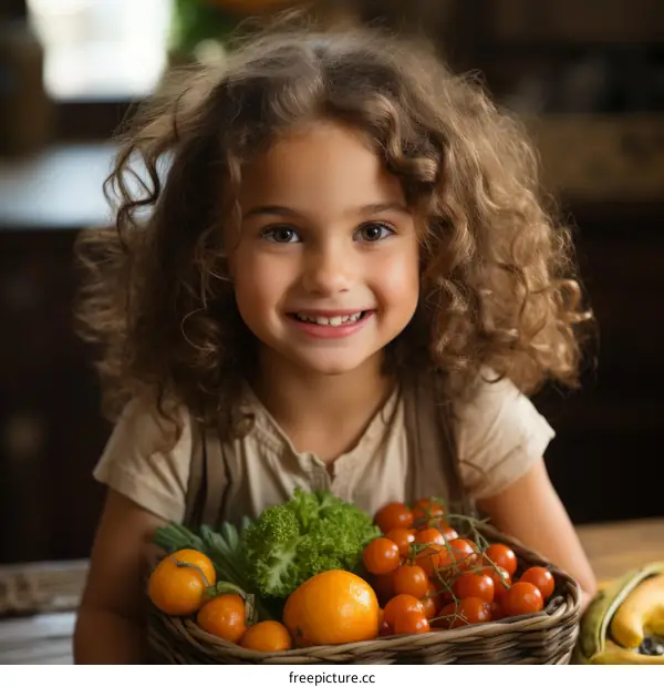 Little girl with curly hair holding a basket of fruits and vegetables
